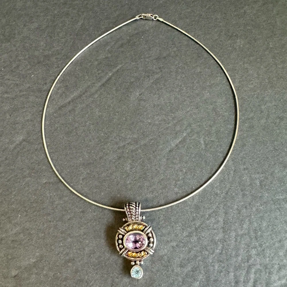 Samuel Benham 14K Gold Sterling Silver Amethyst Necklace BJC Blue Topaz Enhancer